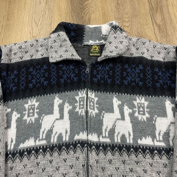 Vintage Tejidos Rumiñahui Sweater Mens Large Gray Wool Aztec Full Zip Knit - Picture 2 of 7